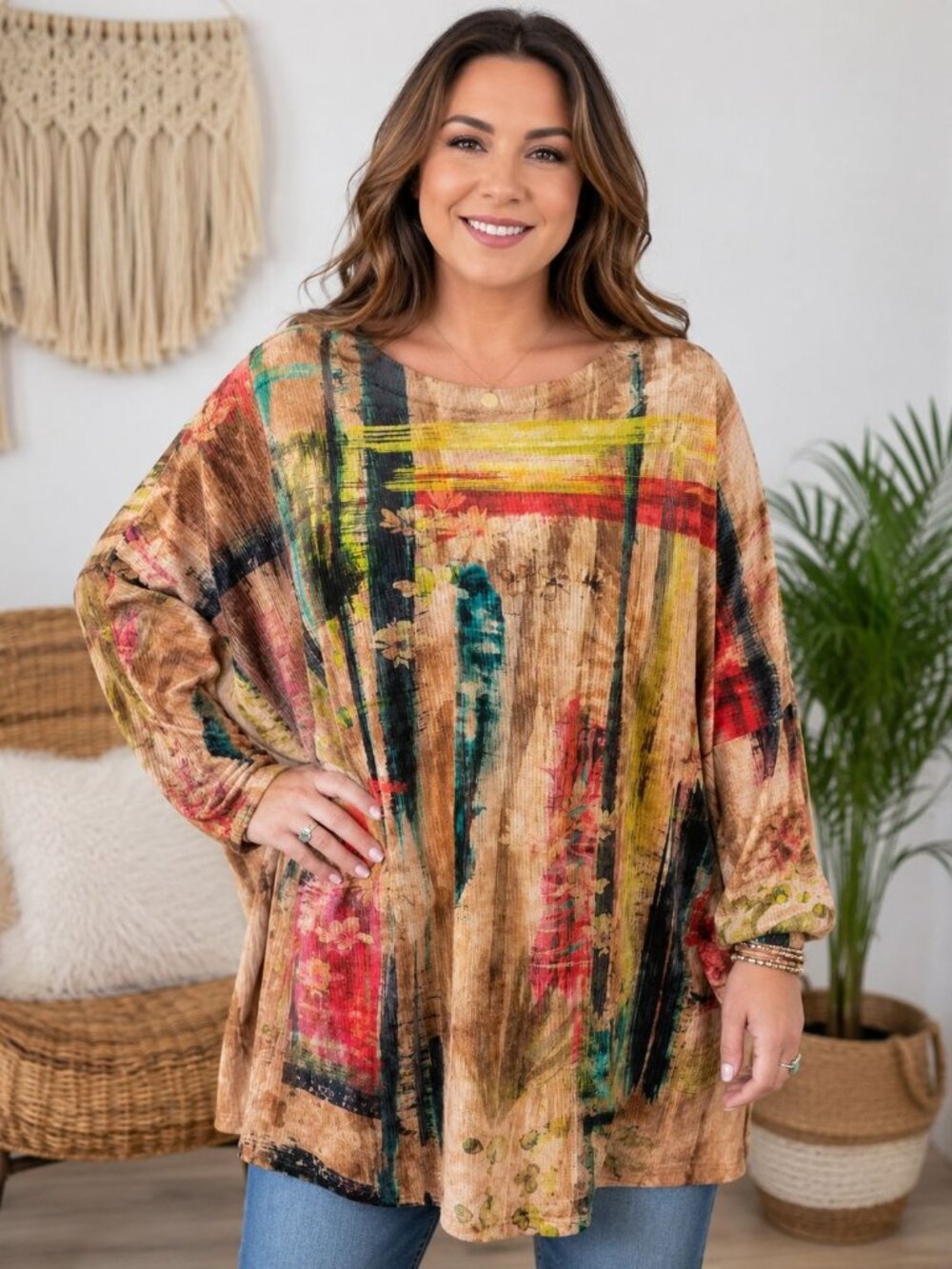Ali Miles tunic beige velour corduroy fabric artsy, multi-color abstract Size XL
